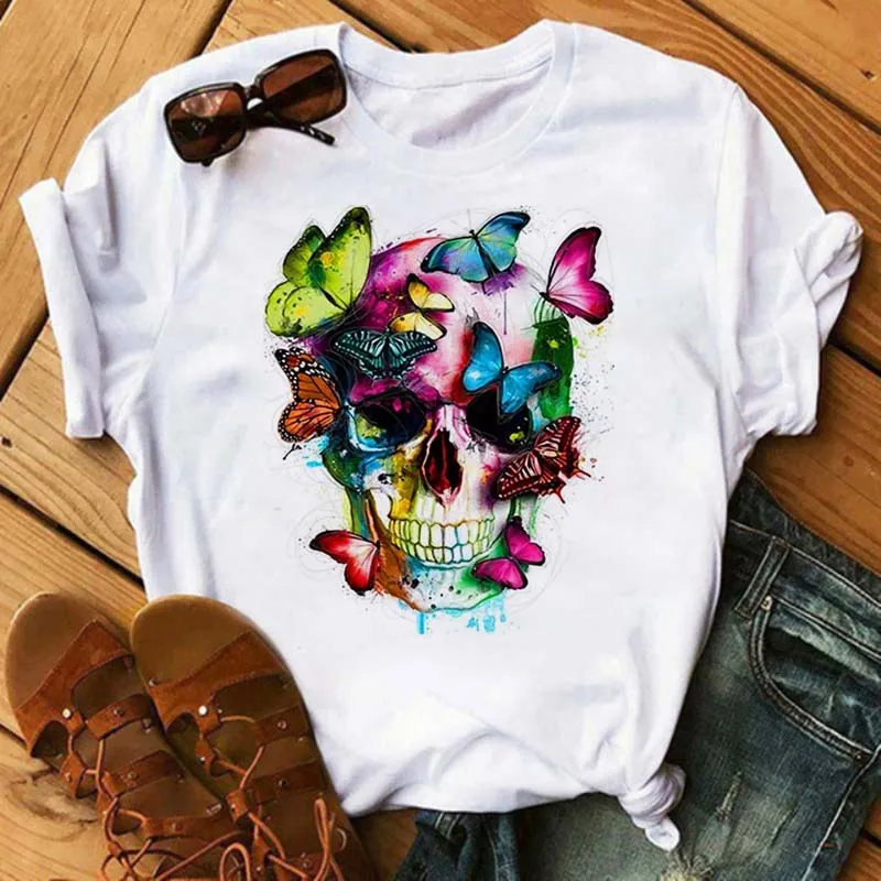 Fashion Leopard Skull Printed Women T-shirt Summer Loose Black Female T-shirt Casual Round Neck Harajuku Tops Woman Clothes 4