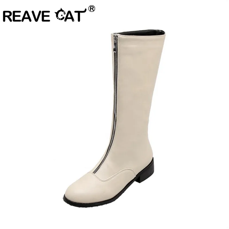 Женские сапоги до колена REAVE CAT брендовые зимние с молнией спереди теплые