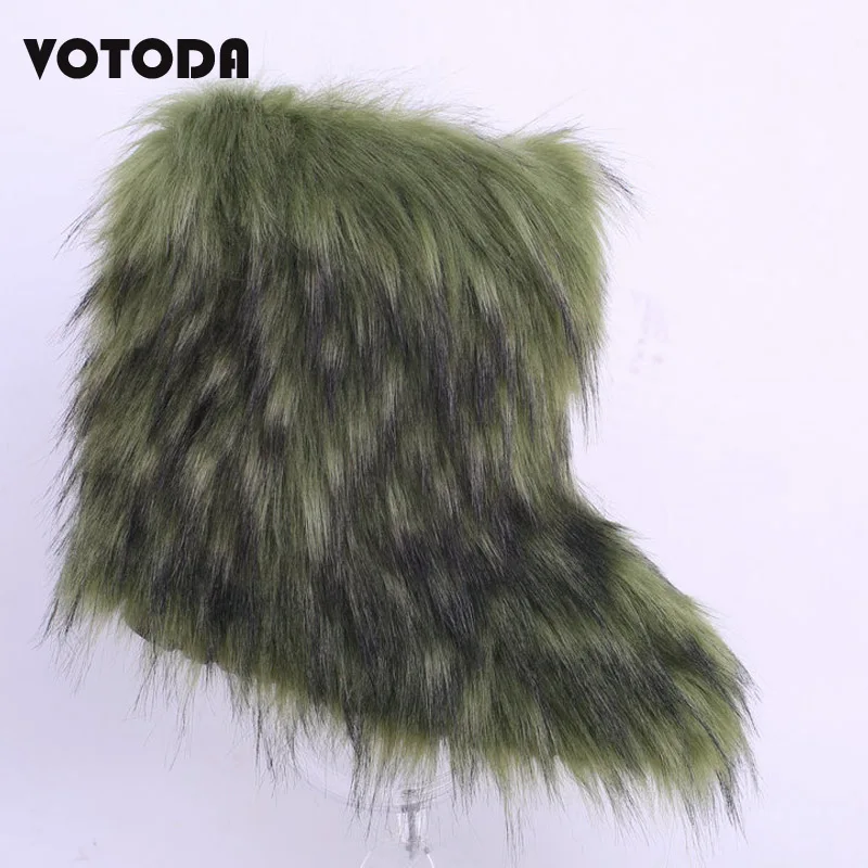 Raccoon green Модные зимние женские ботильоны пушистые меховые тёплые ботинки из искусственного лисьего меха Удобная Повседневная Домашняя обувь на плоской подошве женские милые плюшевые уличные ботинки - Цвет: Raccoon green