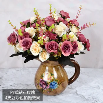 

Artificial Rose Small Bundled Flower European Style Diamond Rose Raw Silk Flower Wedding Table