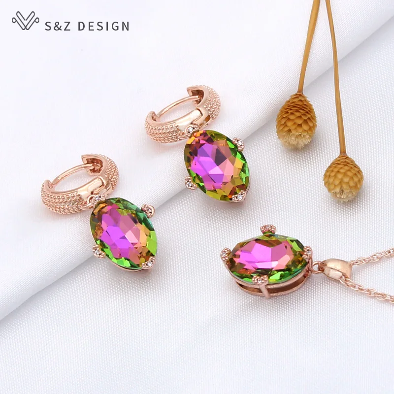 S&Z DESIGN New 585 Rose Gold Color Egg Shape Oval Dangle Earrings Jewelry Sets For Women Pendant Necklace Christmas Gift