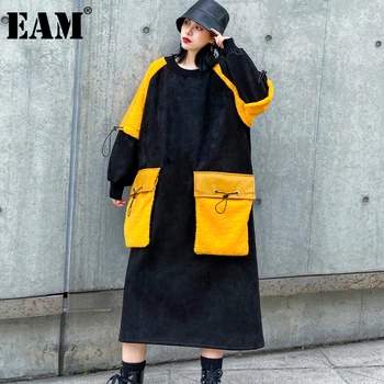 

[EAM] Women Black Suede Pocket Big Size Long Dress New Round Neck Long Sleeve Loose Fit Fashion Tide Spring Autumn 2020 1DB891
