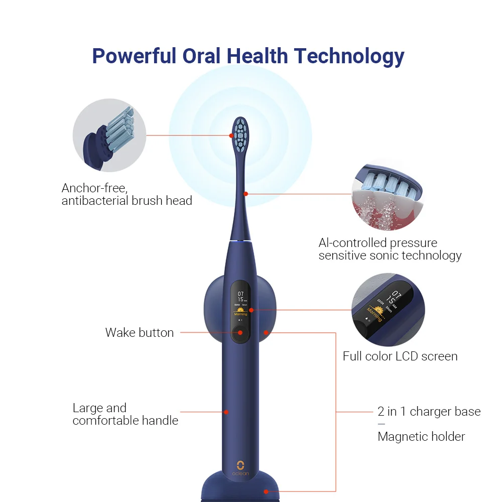 New Oclean X Pro Blue Sonic Electric Toothbrush for Adult IPX7 Ultrasonic Automatic Fast Charging Tooth Brush with Touch Screen