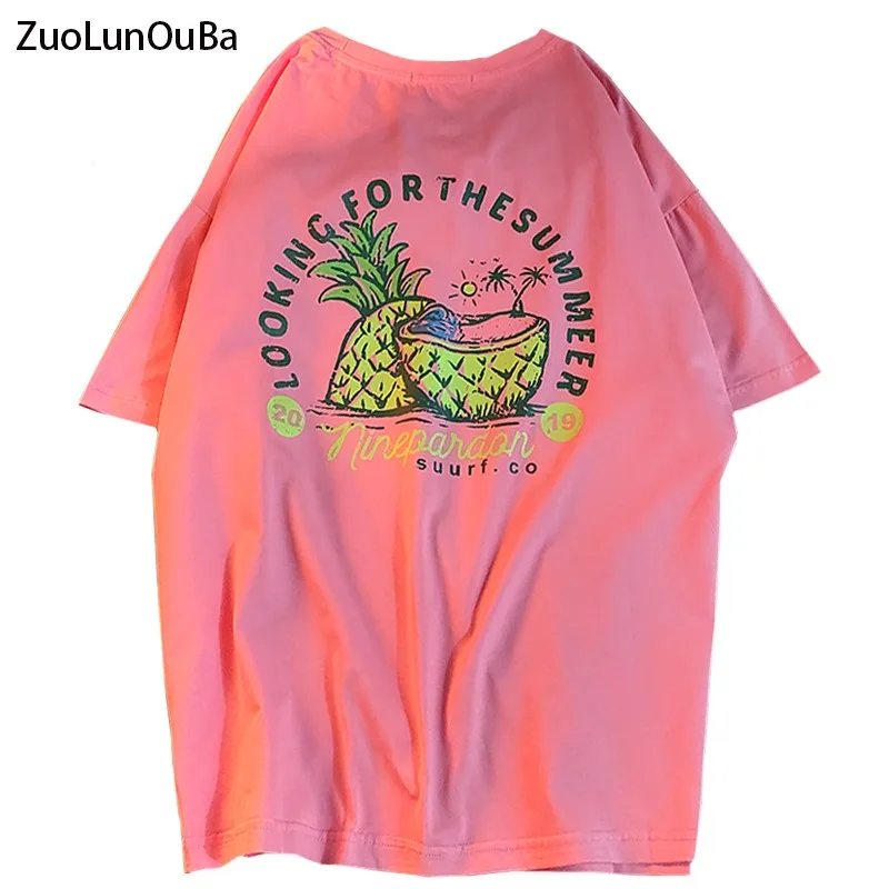 

Summer Casual Cotton Women T Shirt Print Comics Pineapple House Sea Island Sunset Sandy Beach Loose One Size Tees Tops Female