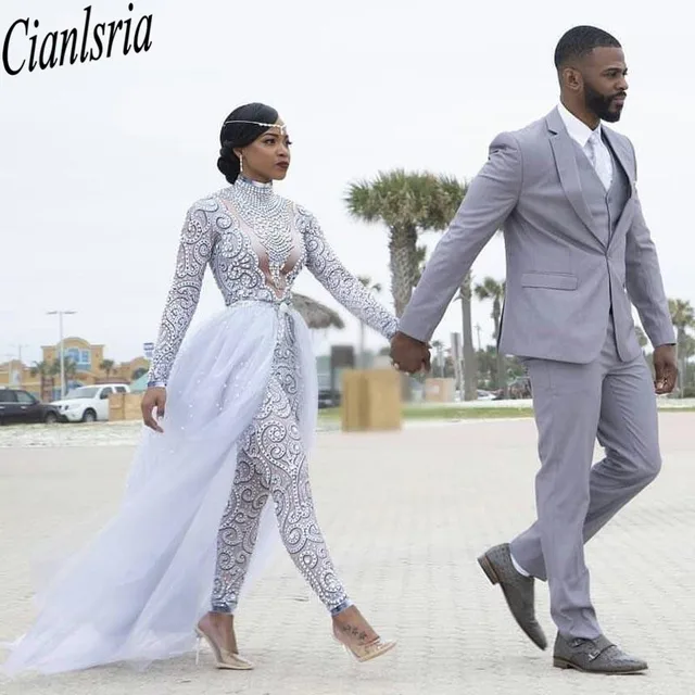 Plus Size Jumpsuits Wedding Dresses With Detachable Train High Neck Long Sleeves African Beaded Wedding Dress Bridal Gowns same as pic