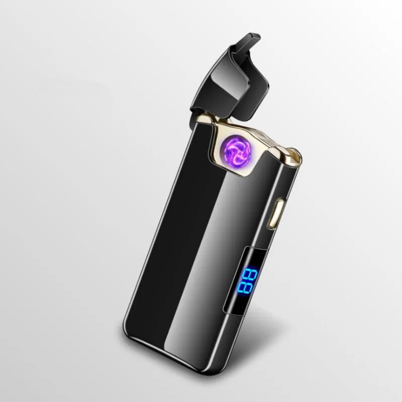 Дизайн вращающийся дуговой зажигалки светодиодный цифровой дисплей электричество USB зарядка электронная плазменная ветрозащитная зажигалка - Цвет: Black