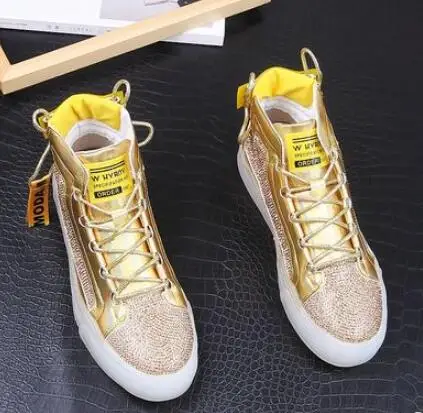 

Men Fashion gold silver rhinestone tCausal Ankle Boots autumn Leather Breathable High Top Leisure Sneakers Male Youth Trending