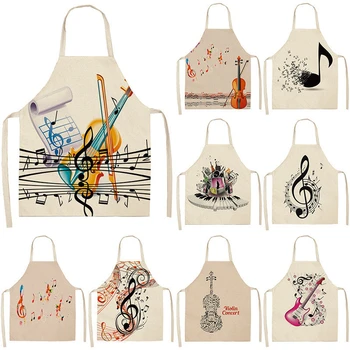Musicial Note Guitar Piano Kitchen Aprons Women Cotton Linen Bibs Household Cleaning Pinafore Home Cooking Apron 53*65cm WQL0141