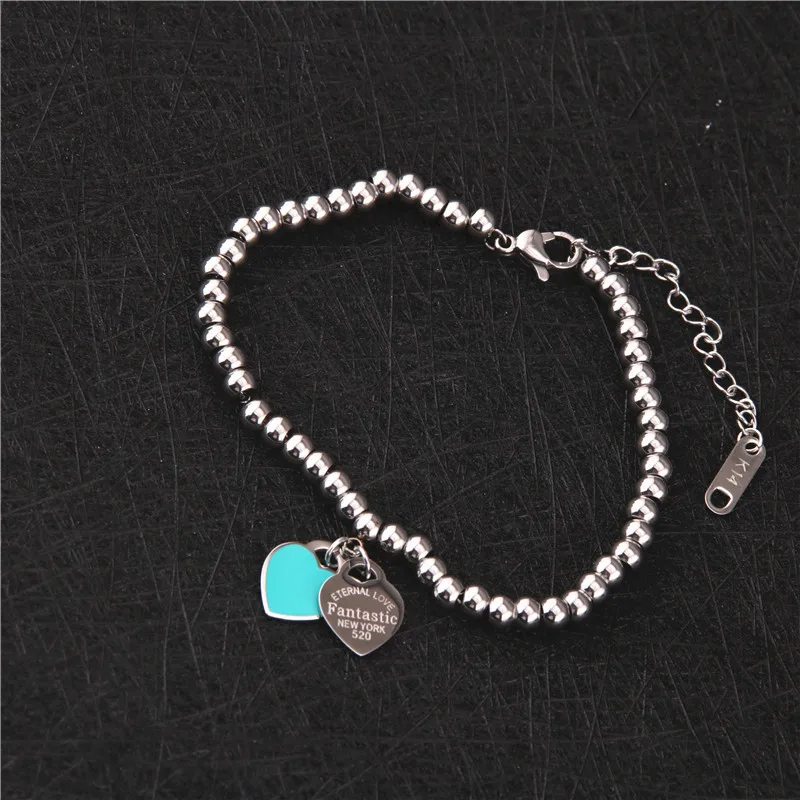 

Titanium Steel Heart Enamel Double-Sided Bracelets Heart Shape Bow Beaded Bracelet Silver round Beads Lucky Beads Bracelets