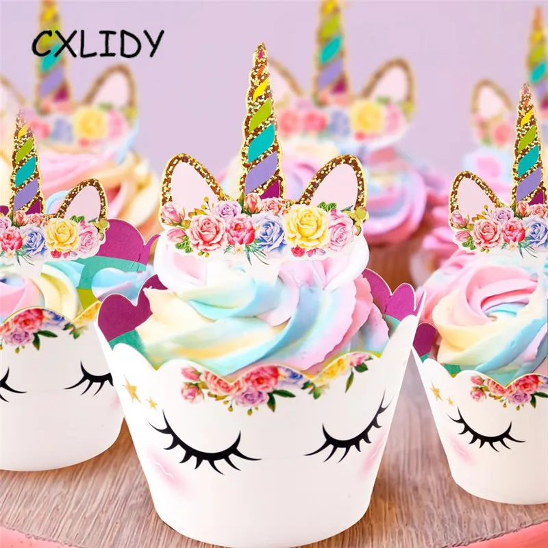 Rainbow Unicorn Cupcake Wrappers Cake Topper Happy Birthday Party Cake Decorations Kids Baby Shower Unicorn Party Supplies GM001 (2)