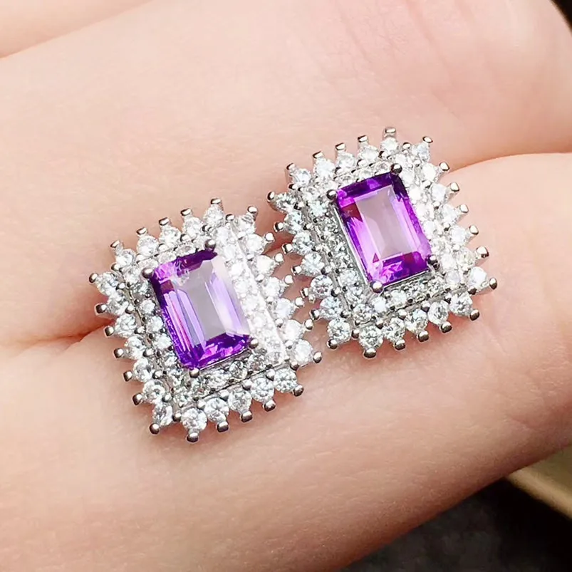 Природный натуральный аметист блестящие серьги-гвоздики 925 серебро 0.6ct* 2шт драгоценный камень для мужчин или женщин# R98501