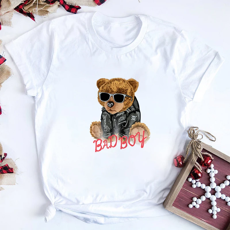 Harajuku Cute Bear Print Womans T-shirt Fashion Gothic Women O-neck Tshirt Pink Tops Casual Female Clothing Short Sleeve T Shirt summer crop top