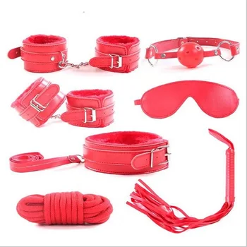 7pcs/set for Woman PU Leather SM Bondage Set Sex Handcuffs Footcuffs Whip Rope Eye Mask Blindfold Erotic Toys Couples 5