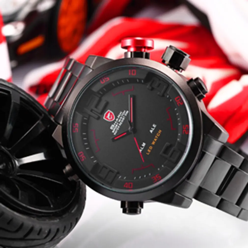Брендовые мужские спортивные часы с изображением акулы, брендовые черные роскошные полностью Стальные наручные часы с цифровым календарем, кварцевые часы Relogio Masculino