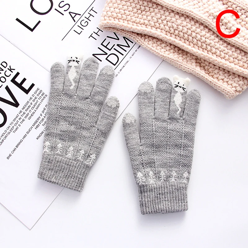 C Теплые тянущиеся вязаные варежки Имитация шерсти полный палец Guantes Зимние перчатки для сенсорного экрана для женщин мужчин женщин крючком утолщаются - Цвет: C