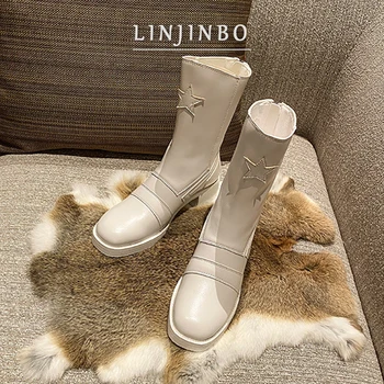 

2020 Brand Design Short Boots Women Retro Round Toe Mid-Calf Boots For Women Autumn/Winter Fashion Star Decoration Women Boots