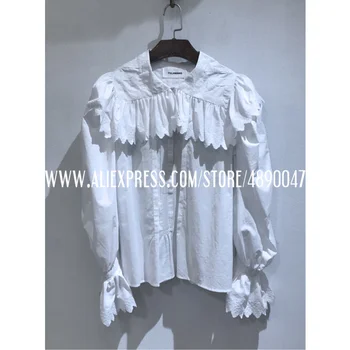 

2020 fall ruffle crop top shirt elegant office Women's white top Lotus leaf sleeve heavy embroidery long-sleeved white shirt