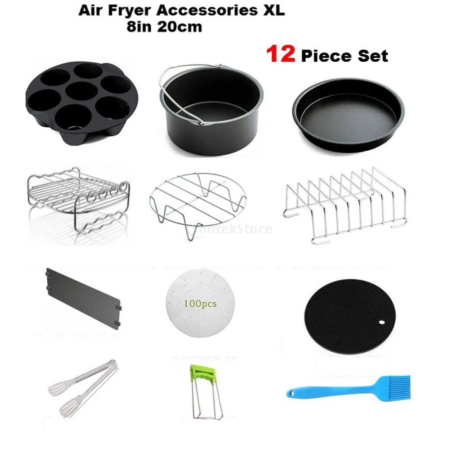 12pcs 8 Inch Air Fryer Accessories Fit for 4.2QT-6.8QT Deep Fryer BPA Free Baking Pan Silicone Mat Oil Brush