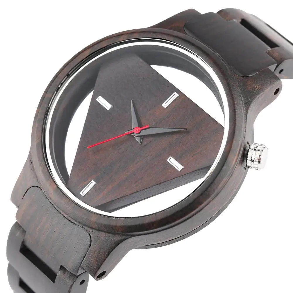 Unique Inverted Geometric Triangle Wood Watch Men Women Creative Hollow Dial Full Wooden Quartz Wristwatch Reloj 2