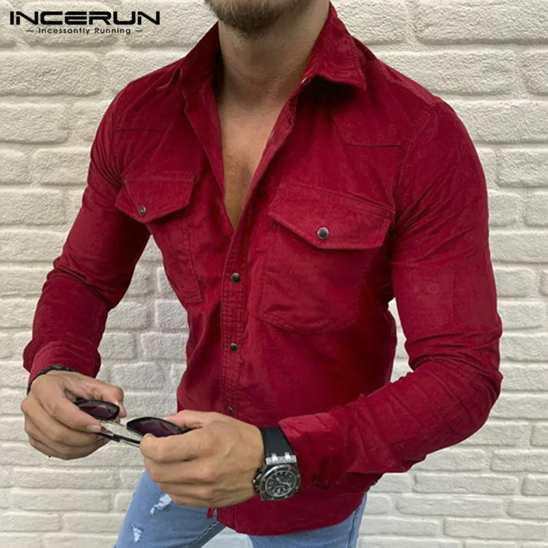 INCERUN, вельветовые мужские рубашки, повседневные, для фитнеса, с карманами, модная уличная одежда, Camisa, Осенние, с длинным рукавом, брендовые, с отворотом, одноцветные, мужские рубашки
