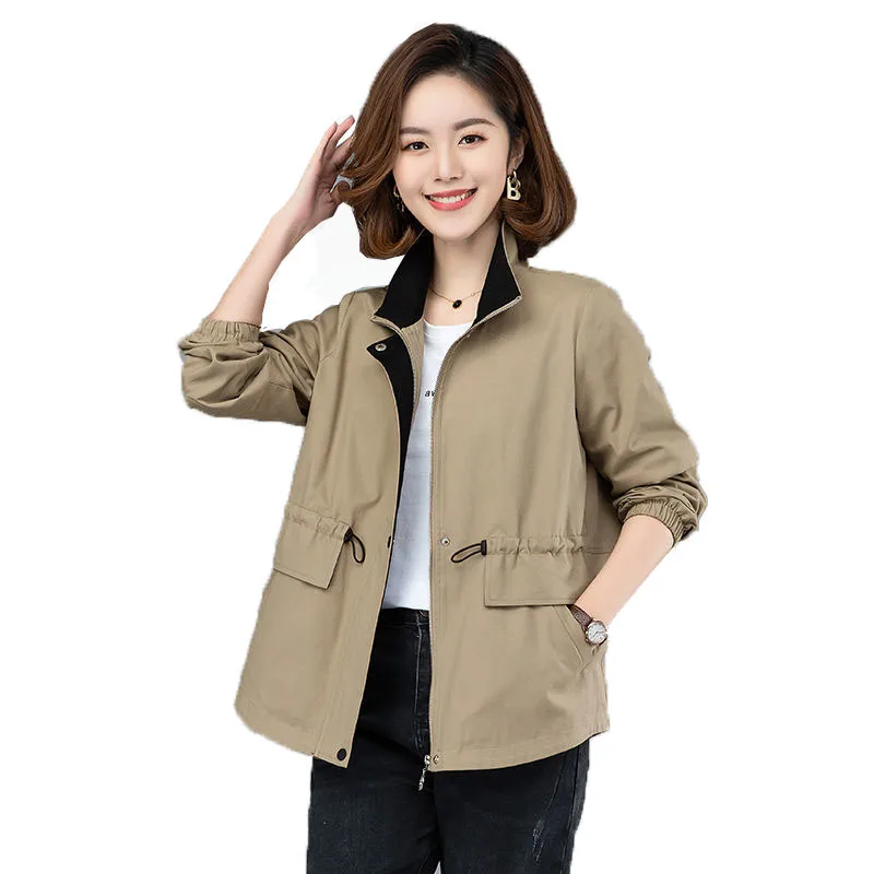 Trench Coat Women Spring Autumn 2021 New Korean Thin Stand-Up Collar Windbreaker Women Loose Short Jackets Femme Tops Khaki print down cotton coat women s short 2021 new middle aged elderly mothers wear stand up collar color winter coat women jackets