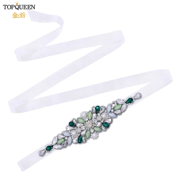 TOPQUEEN S443 Luxury Green Rhinestone Bridal Belt Beaded for Formal Evening Dresses Custom Diamond Decorative Belt Handmade organza white