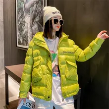 

Candy Color Women Hooded Short Down Cotton-padded Coat 2021 Winter Loose Letter Print Casual Long Sleeve Female Cotton Outerwear