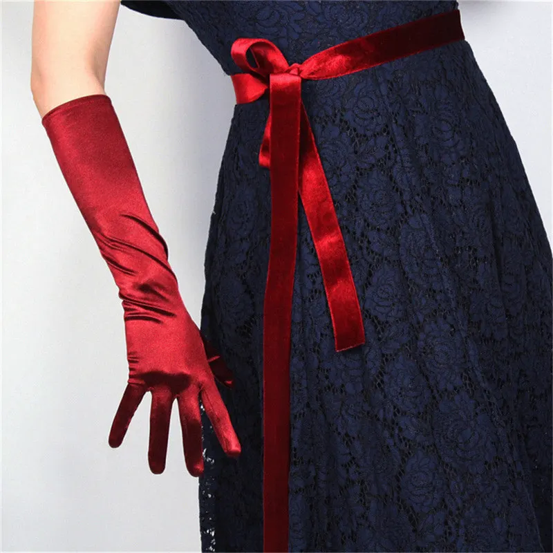 Шелковые перчатки 38 см эластичные шелковые атласные белые бежевые жемчужные длинные женские солнцезащитные перчатки 3-SCM38 - Цвет: Dark red 38CM