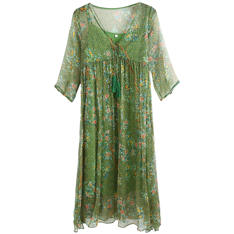 Tcyeek летнее платье Настоящее шелковое платье женская одежда Boho Цветочные миди платья+ рубашка Элегантные Дамы V шеи Vestidos 8739