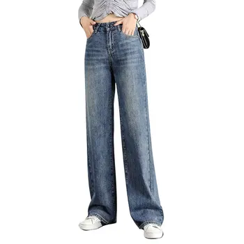 

New High Waist Straight Jeans Women Autumn Blue Casual Loose Wide Leg Jeans Trousers Striped Pants