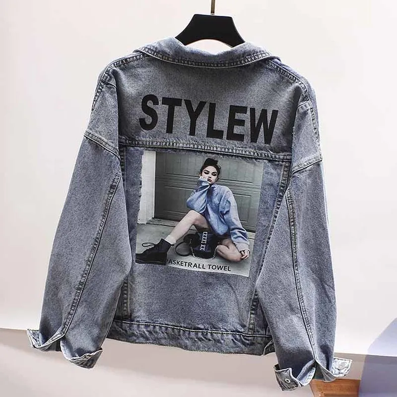

Gagarich Women Denim Jacket Autumn New Korean Version Loose Back Print Double-breasted Female Short Chic Coat 2019