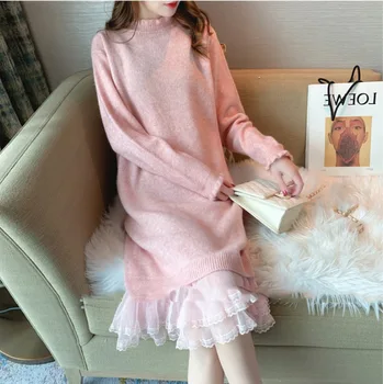 

2020 spring and autumn knitted bottoming sweater dress mid-length sweater women loose-knee dress black