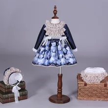 Осенне-зимнее винтажное испанское платье темно-синего цвета с мишкой для девочек, 3 предмета бальное платье принцессы с помпоном рождественское праздничное платье для девочек в стиле Лолиты