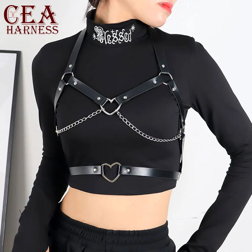 

CEA Sexy Love-Ring Faux Harness Woman Chest Bondage Body Bdsm Rave Gothic Chain Suspenders Garter Belt Bra Goth Chest Belt Party