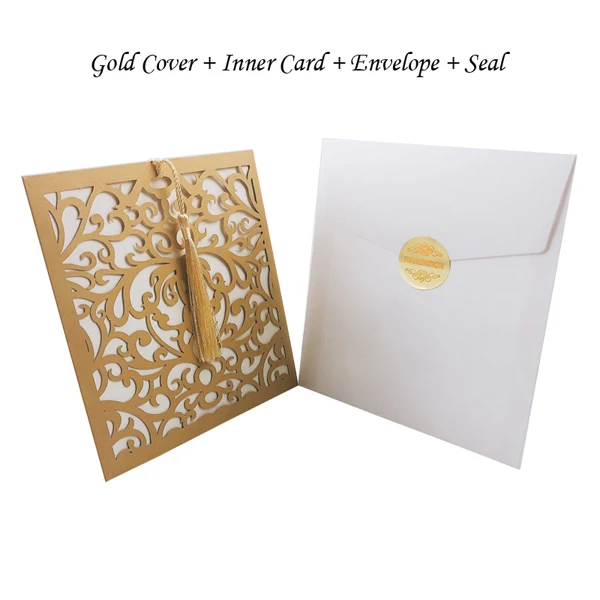 50 шт. квадратная лазерная резка, для свадьбы приглашения карты Поздравительные открытки с кисточкой настроить Свадебные украшения вечерние сувениры - Цвет: Fifty Sets Gold