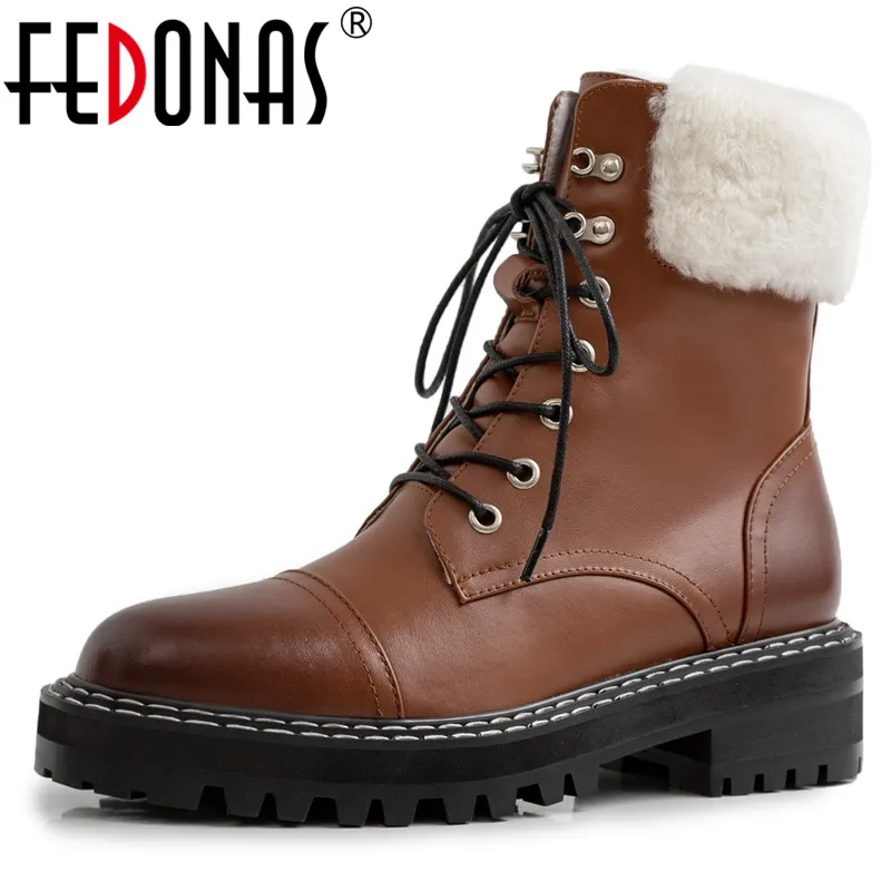 Женские зимние ботинки FEDONAS теплые короткие из натуральной кожи и шерсти