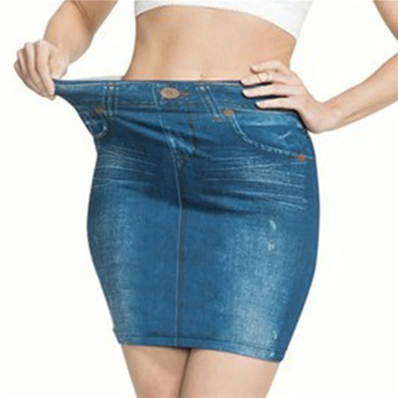 Fashion Ladies Women Faux Denim Skirt Print Seamless Jean Skirts Short