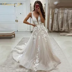 Roseca Ye Sexy Deep V Neck A Line Wedding Dresses 2022 With Belt Lace Sleeveless Boho Romantic Summer Bridal Gown Robe De Mariee