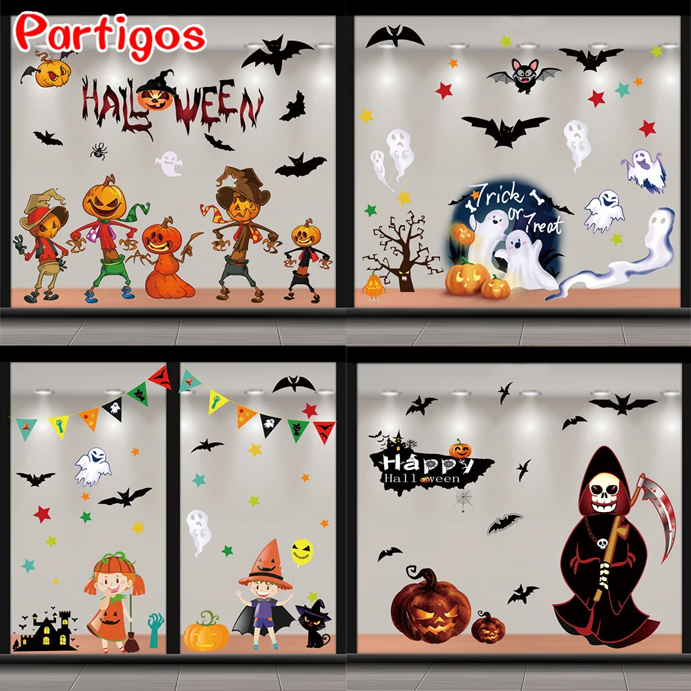 

Halloween window Clings sticker decoration bat pumpkin skull spider window glass wall decal DIY reusable kids party sticker