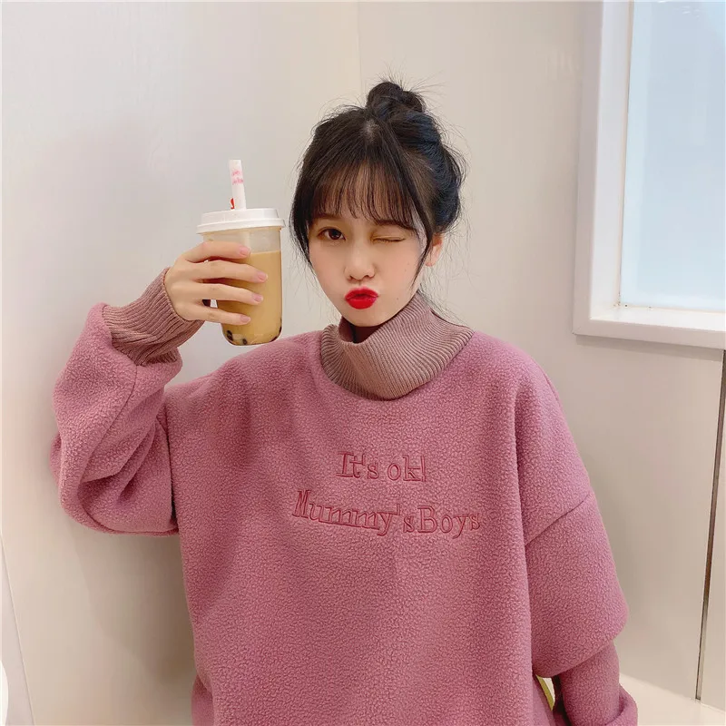 

Small High Collar Hoodie Women's Autumn And Winter Brushed And Thick Berber Fleece Korean-style Fashion Loose-Fit Embroidered Ca