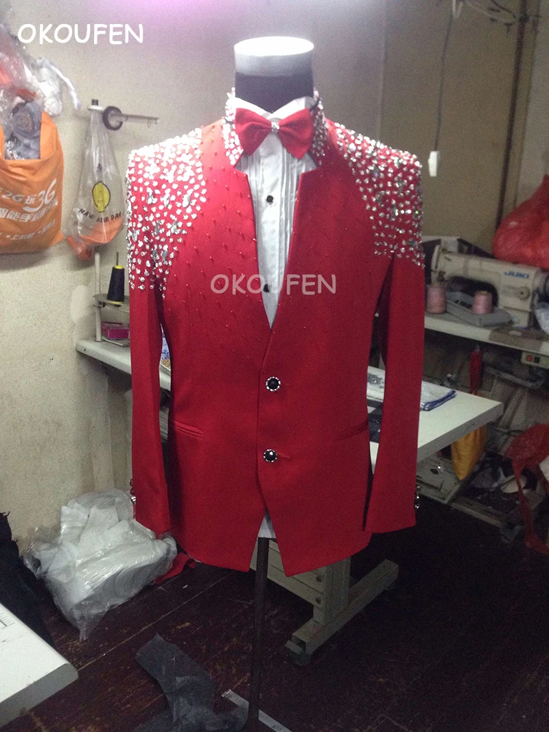 

Bar Singer Host Stage Dress New Fashion Korean Slim Men's Sequin Dress Studio Photo Red Slit Diamond Customized