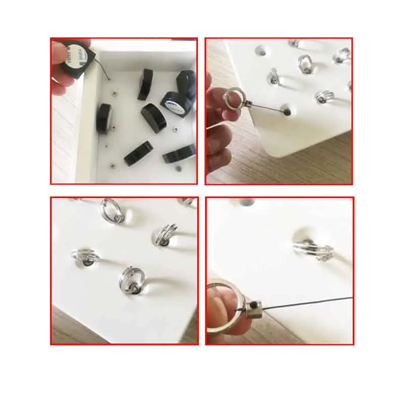 4 Pcs Ring Retractable Anti-Theft Display Tray Jewelry Security Cable Pull Box Stand Cabinet Tray