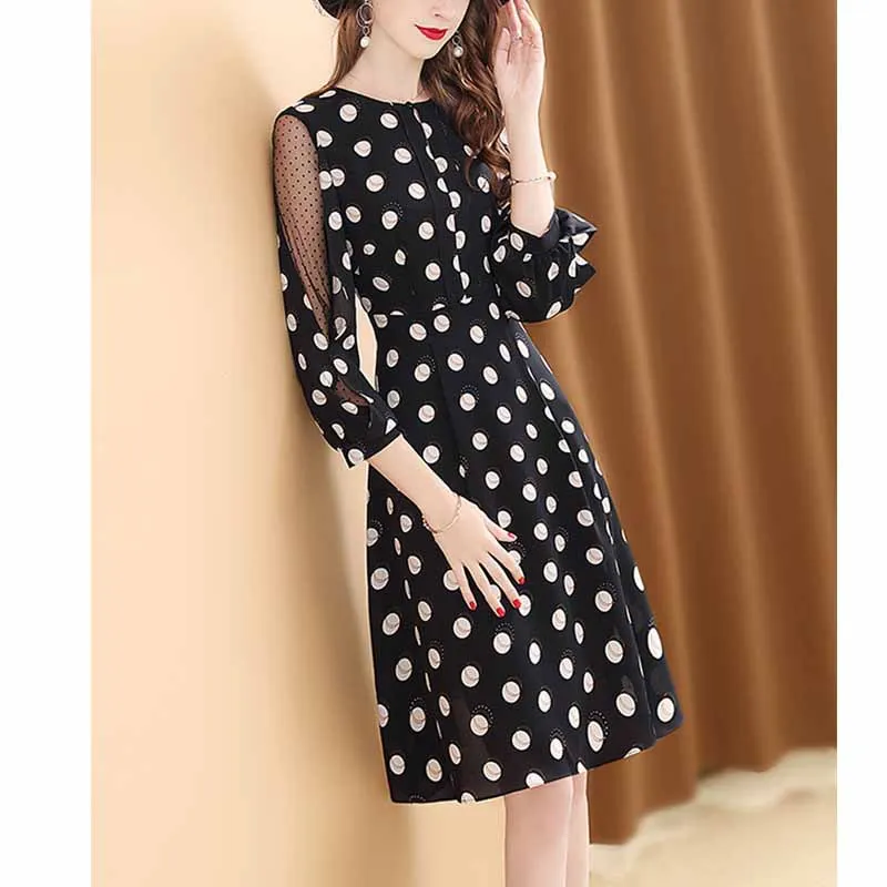 

Spring Dress Women's 2019 New Style Fashion Polka Dot Printed Elegant Gauze Crew Neck Waist Hugging A- line Skirt Sub-Hot Sellin