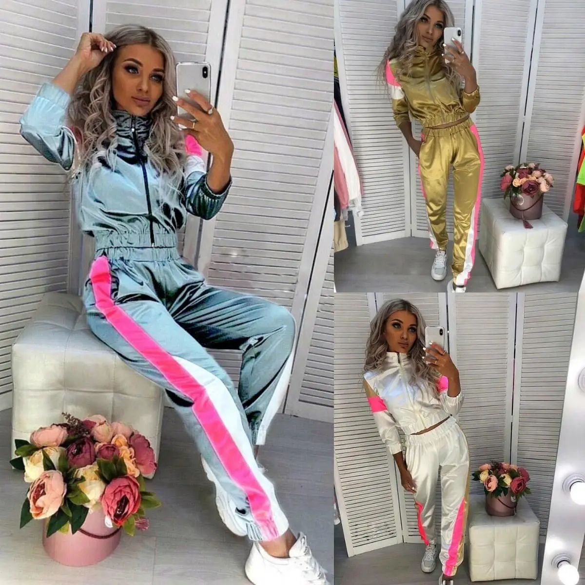 

Fall Casual Tracksuits Women Two Piece Set Zipper Top And Pants Satin Patchwork Sweatshirt Suit Zip 2Pcs Sporting Outfits