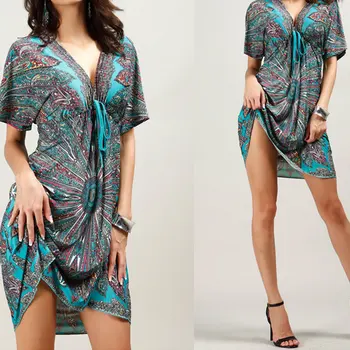 

2020 Sexy Summer Soft Women V Neck Flower Print Beach Dress Cover-Ups Swimwear Parts