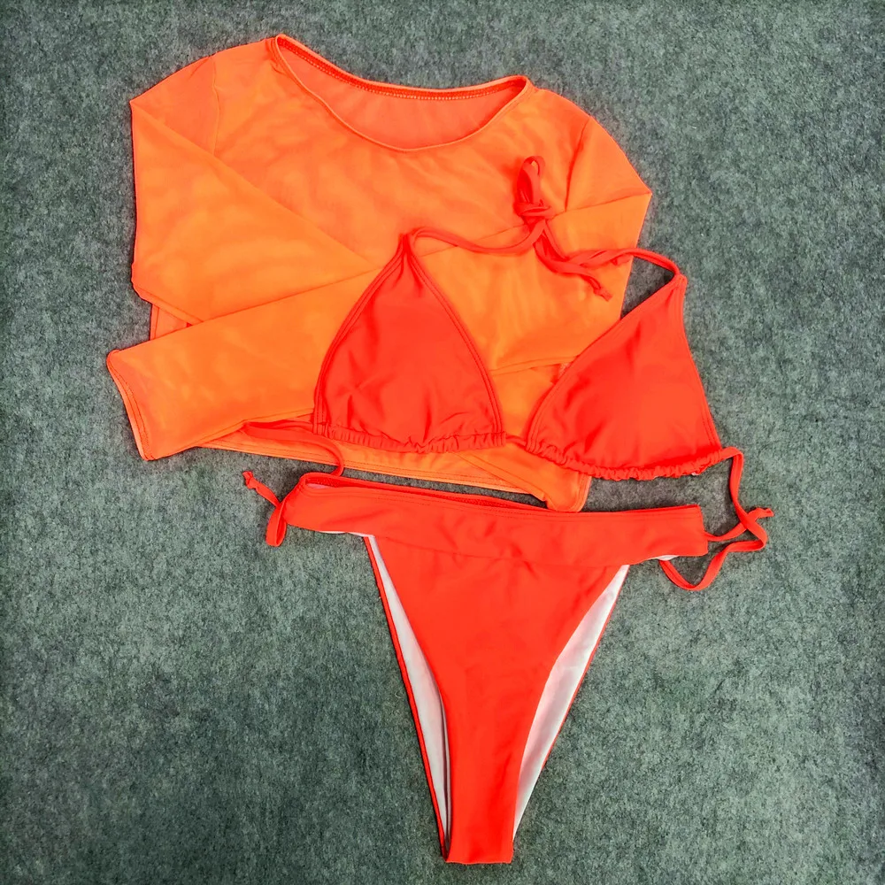 neon orange Неоновый желтый короткий топ, купальник для женщин, летняя сексуальная пляжная одежда, сетчатый топ с длинным рукавом, купальный костюм из трех частей, комплект бикини - Цвет: neon orange