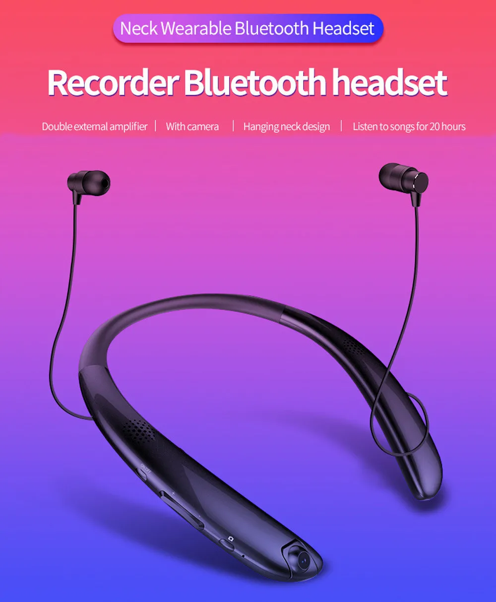 Bluetooth наушники стерео Спортивная Выдвижная Шейная беспроводная гарнитура с камерой с Bluetooth 4,1, встроенный HD микрофон
