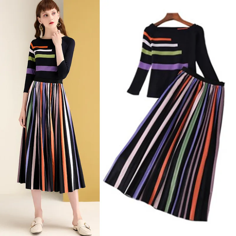 

2 Pcs Spring Autumn Women New Clothing Set Knitted Tops Tees and Colorful Rainbow Stripped Pleated Long Skirt Suits NS174