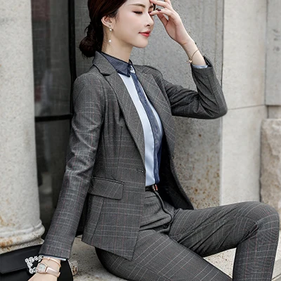Gray Pant Suits Высокое качество, серый, абрикосовый цвета, в клетку, Для женщин брючные костюмы для Профессиональный Бизнес комплект для Офисные женские туфли отель интервью Повседневная обувь - Цвет: Gray Pant Suits