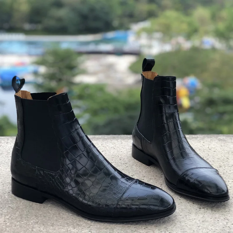 

Fashion Men Alligator Leather Motorcycles Boots Elastic Slip on Low Heels Pointed Toe male Ankle Boots Slip On Bottine Zapatos